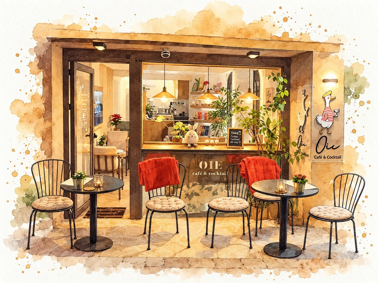 Oie Café & Cocktail girişi, suluboya çizim