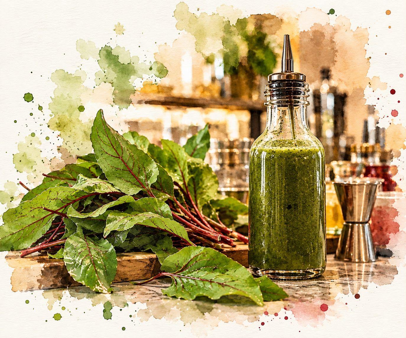 Kuzu kulağı yaprakları ve ev yapımı yeşil sos şişesi, bar arkasında